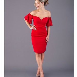 Badgley Mischka Red Off the Shoulder Formal Dress